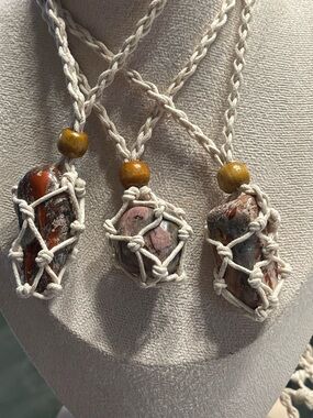 Handmade Beige Macrame Necklace with Pink and Red Jasper Stones